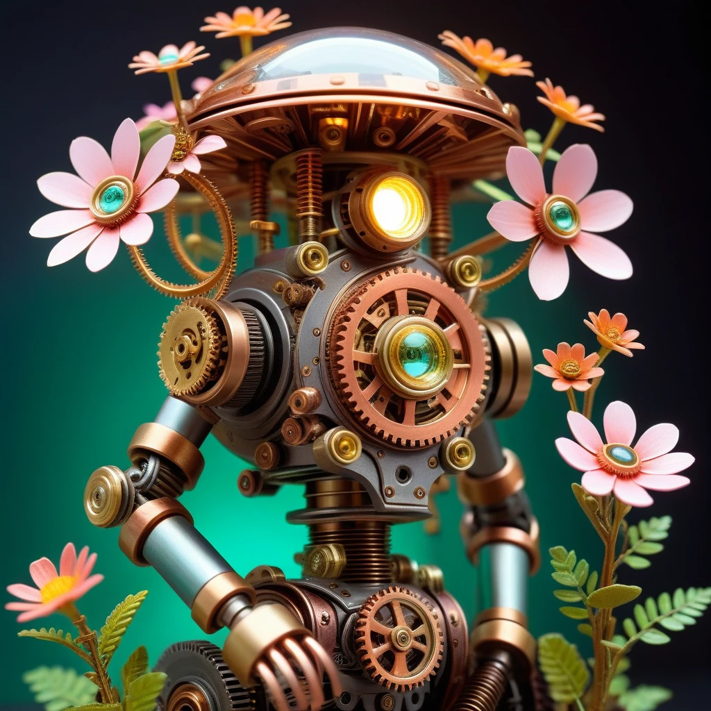 Clockwork garden blooming atop a mechanical robot head