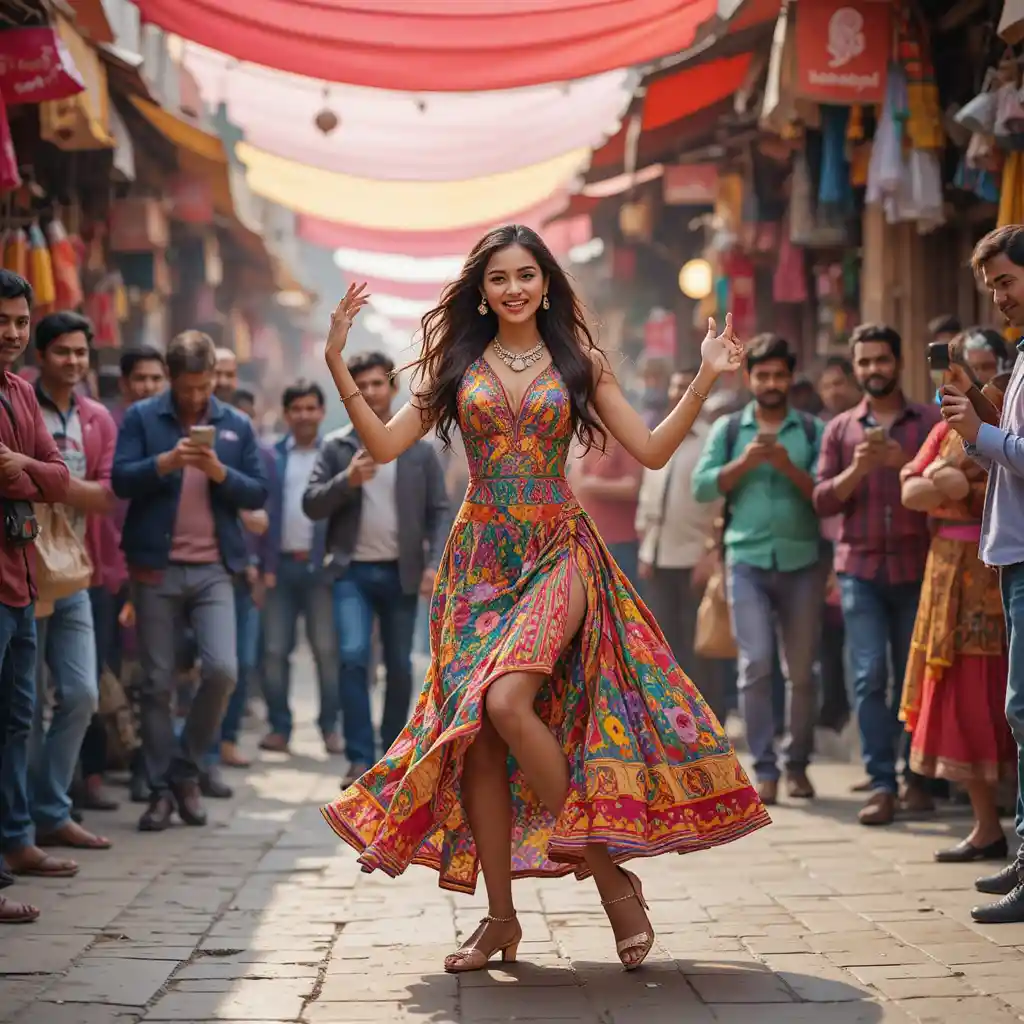 Confident young girl dancing in a busy street market