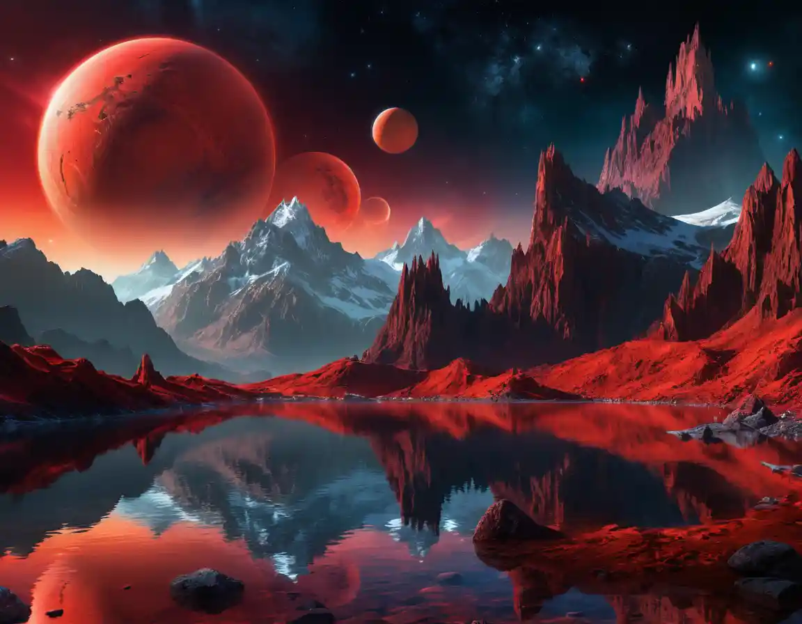 Leuchtender roter Planet über spitzen Bergen und stillem See