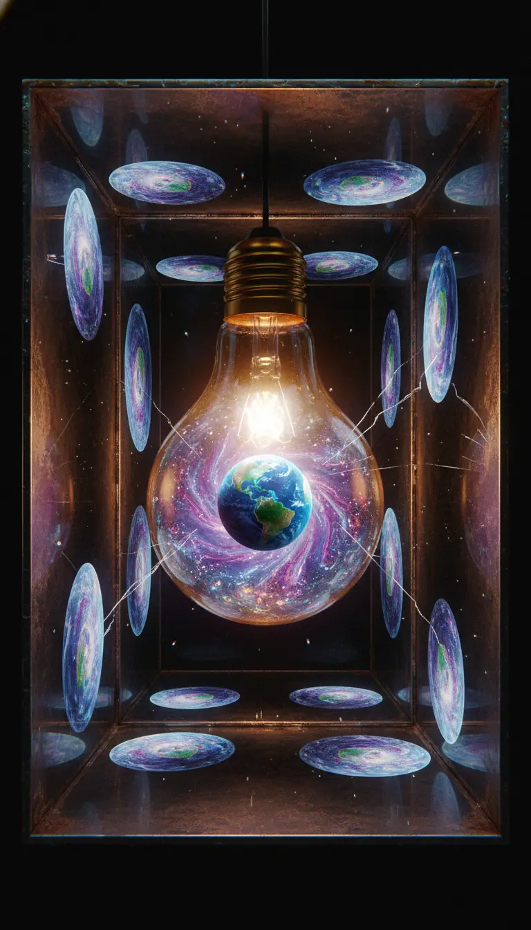 Surreal glowing light bulb containing a tiny floating Earth