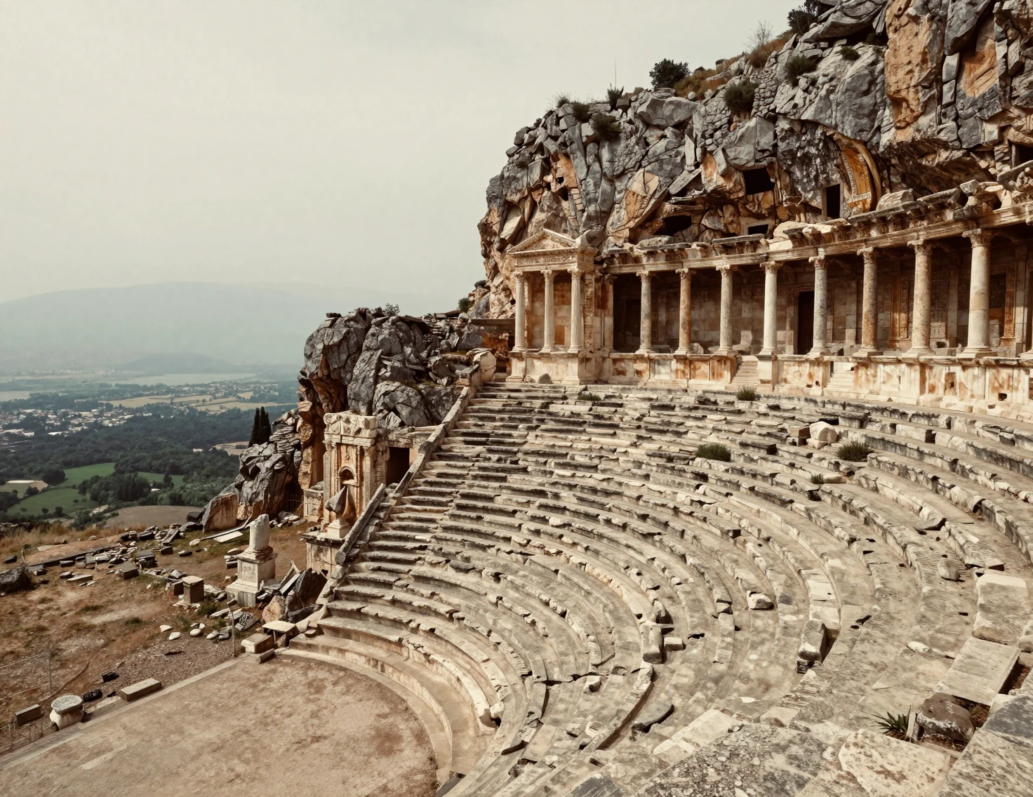 Ancient Cliffside Amphitheater Above A Misty Valley