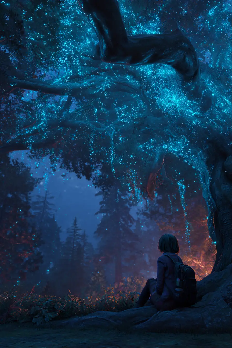 Woman grieving beneath an ancient tree at night