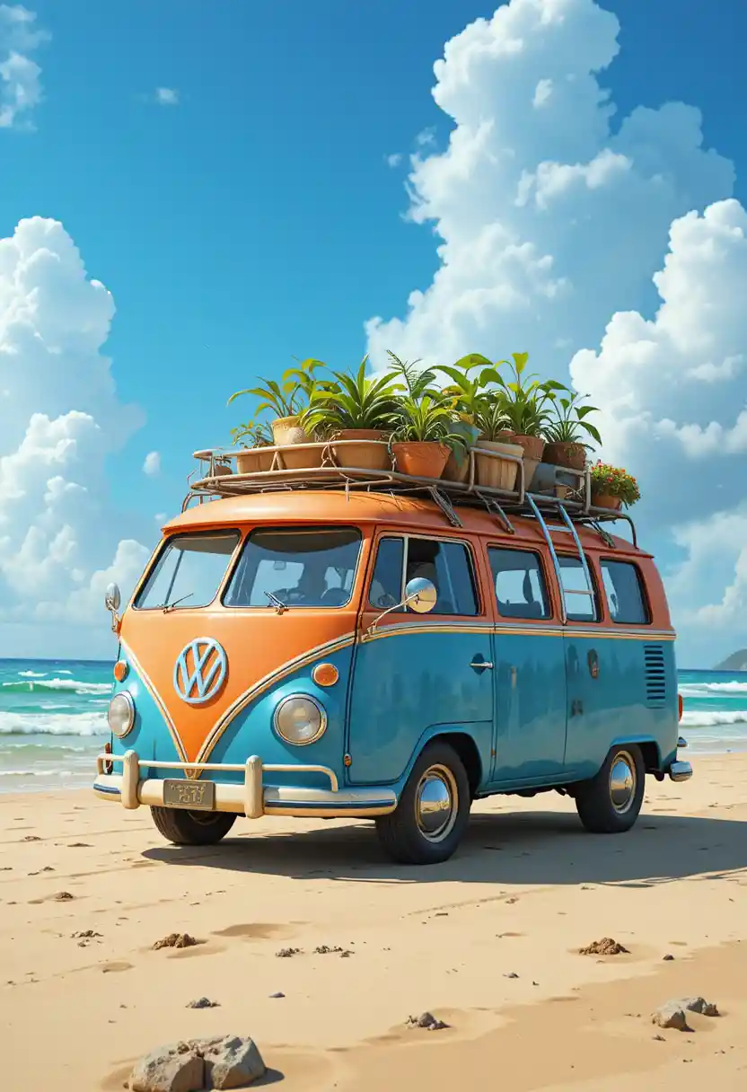 Combi aménagé coloré garé sur une plage de sable ensoleillée