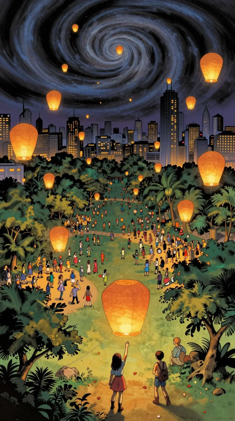 Girl releasing glowing lanterns in a swirling city park