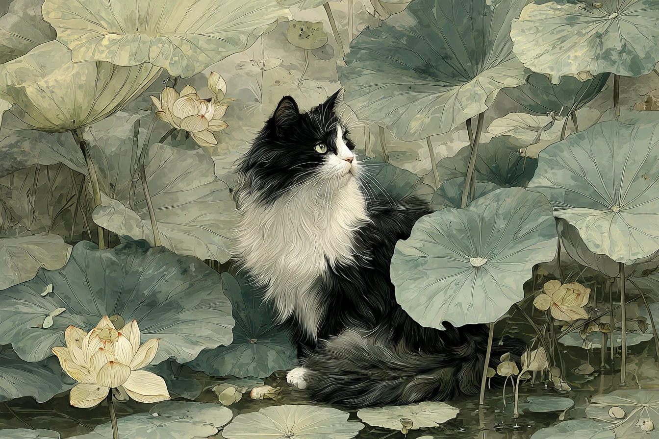 Gatto tra foglie di loto in una tranquilla scena di stagno in stile a inchiostro
