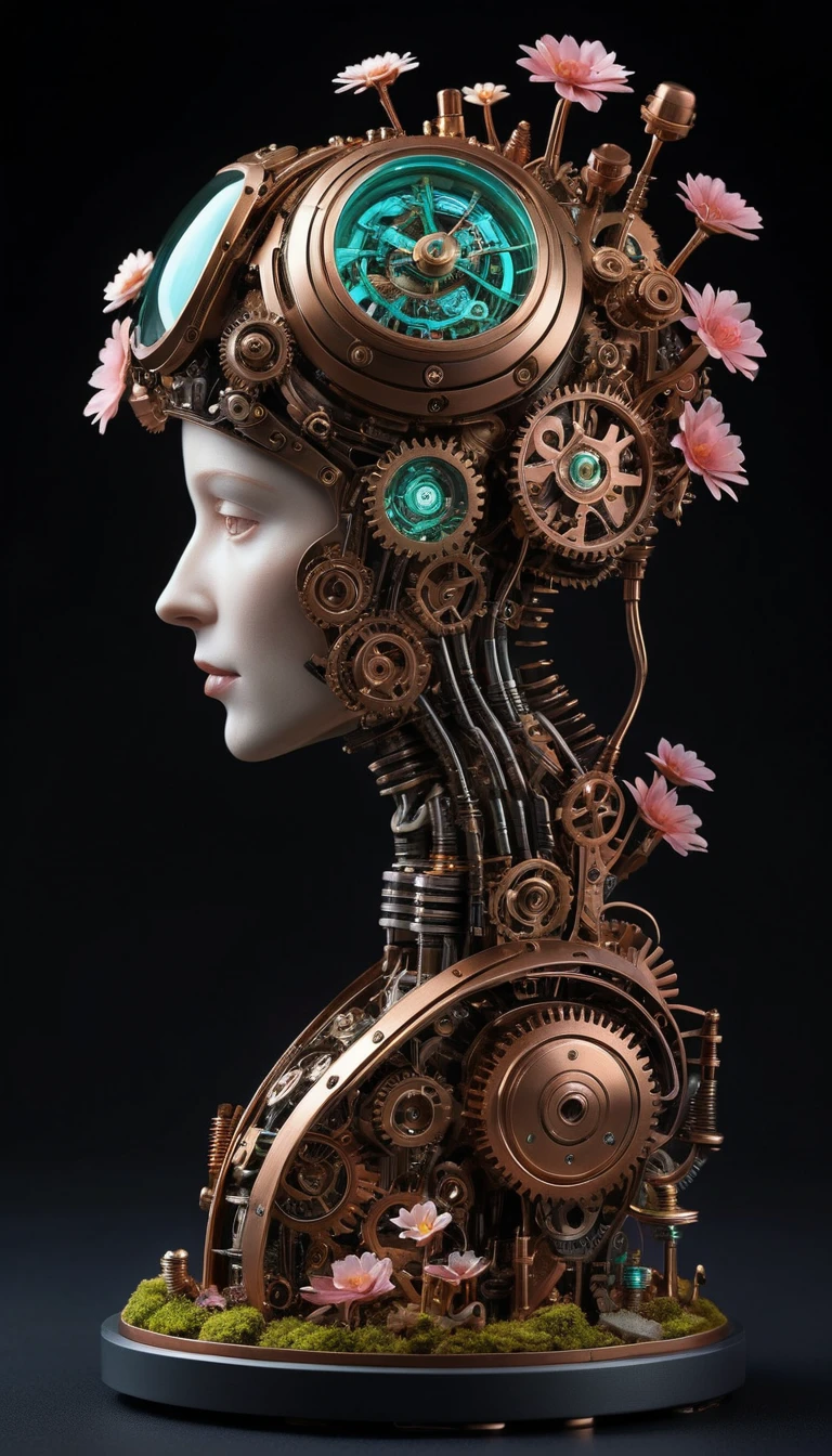 Steampunk-Roboterkopf mit einem winzigen mechanischen Garten