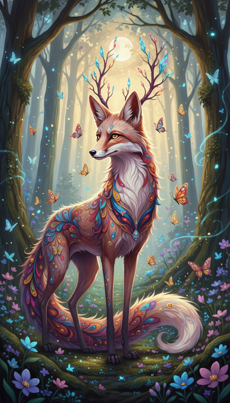 Renard rose mythique dans une forêt magique aux lucioles