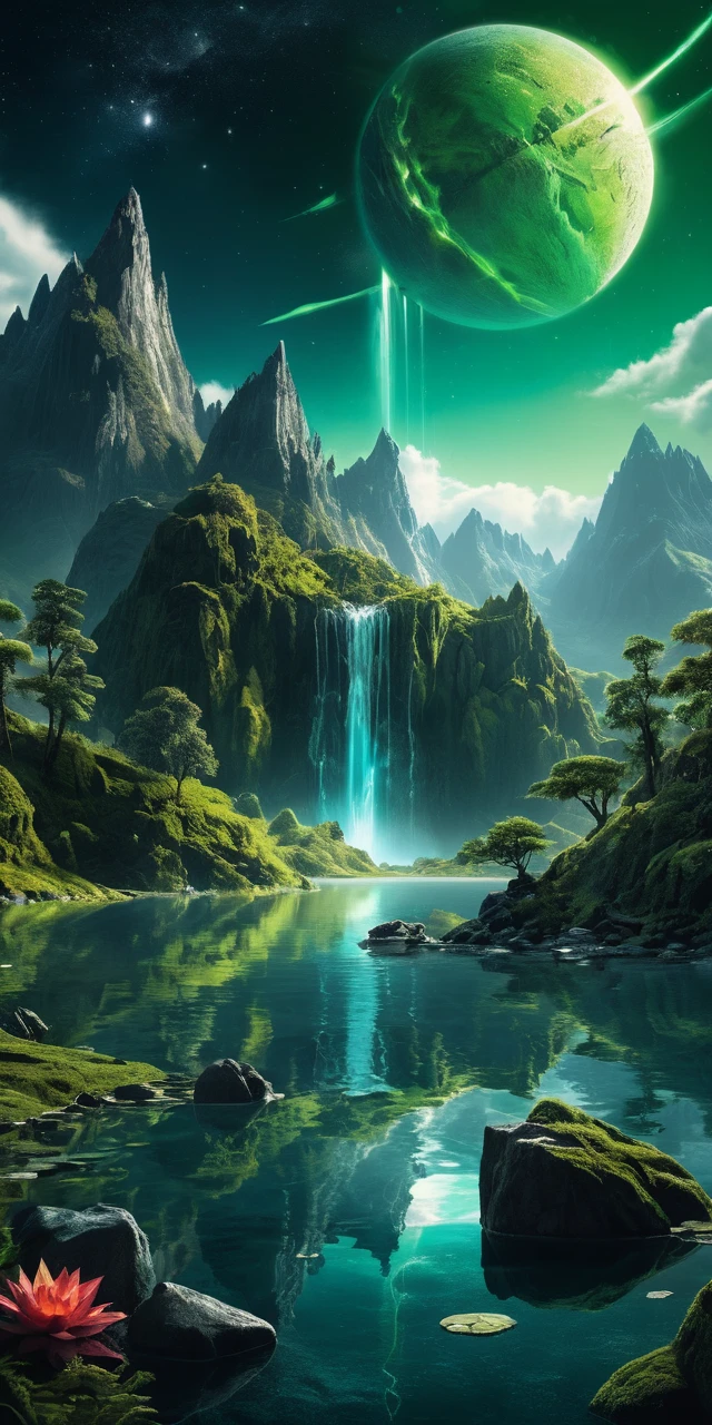Glowing Green Planet Above Spiky Mountains And Still Lake