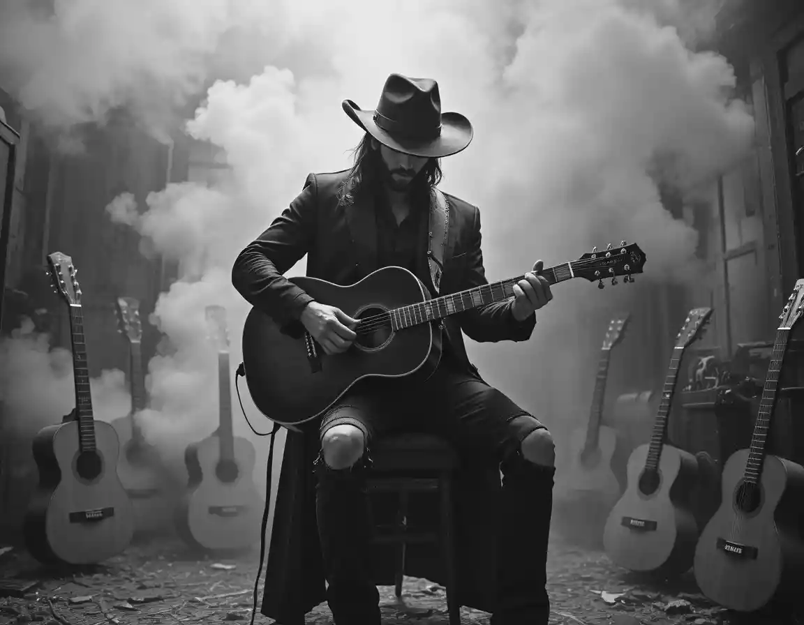 Cowboy tocando violão em cenário western esfumaçado e sombrio