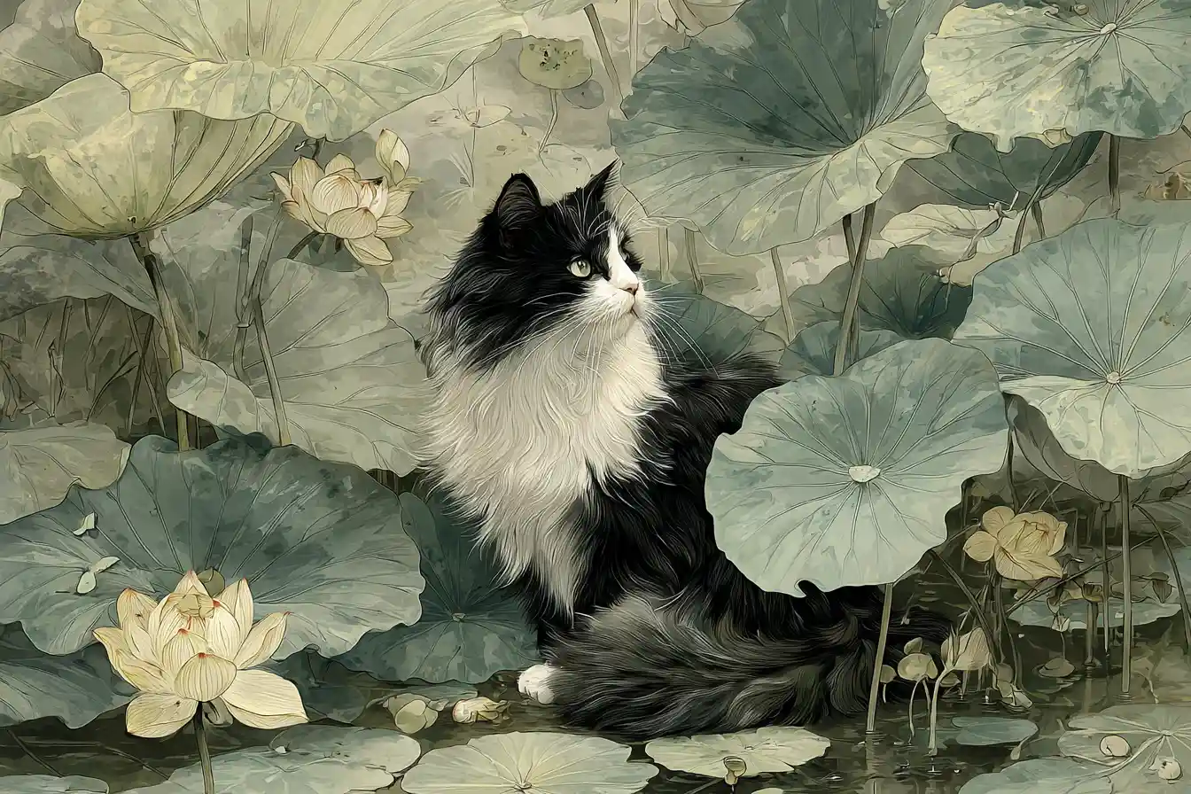 Gatto tra foglie di loto in una tranquilla scena di stagno in stile a inchiostro