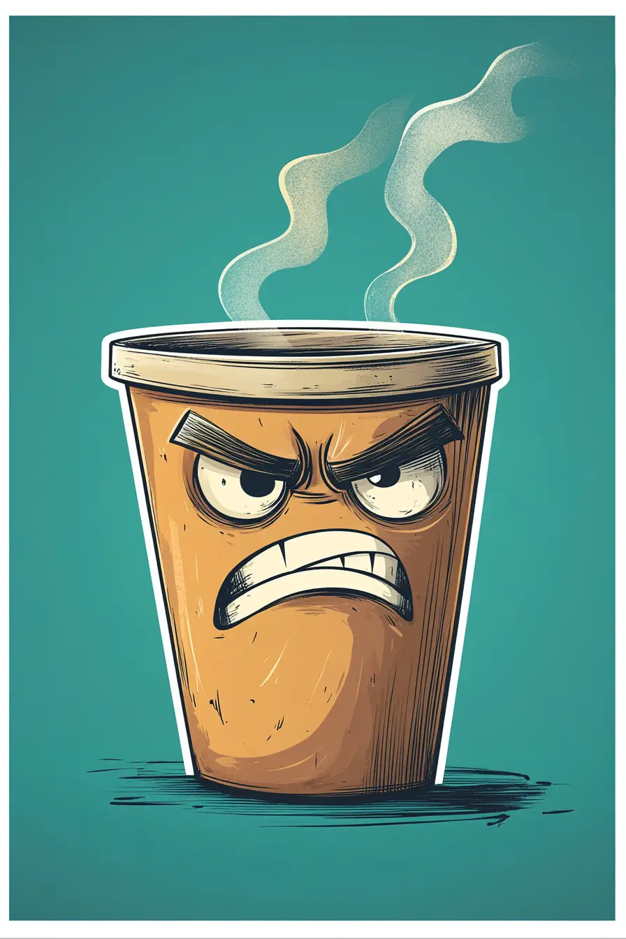 Tired annoyed coffee cup character with glowing steam brows