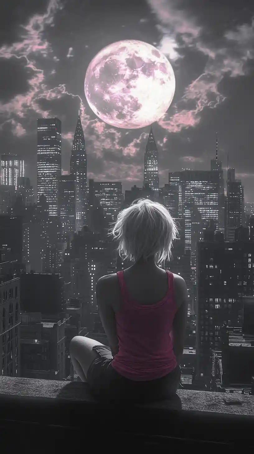 Young woman on city rooftop under glowing full moon