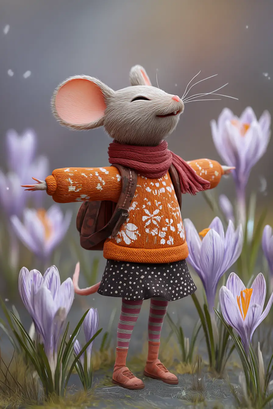 Anthropomorphes Mausmädchen, das durch einen Frühlingspark spaziert
