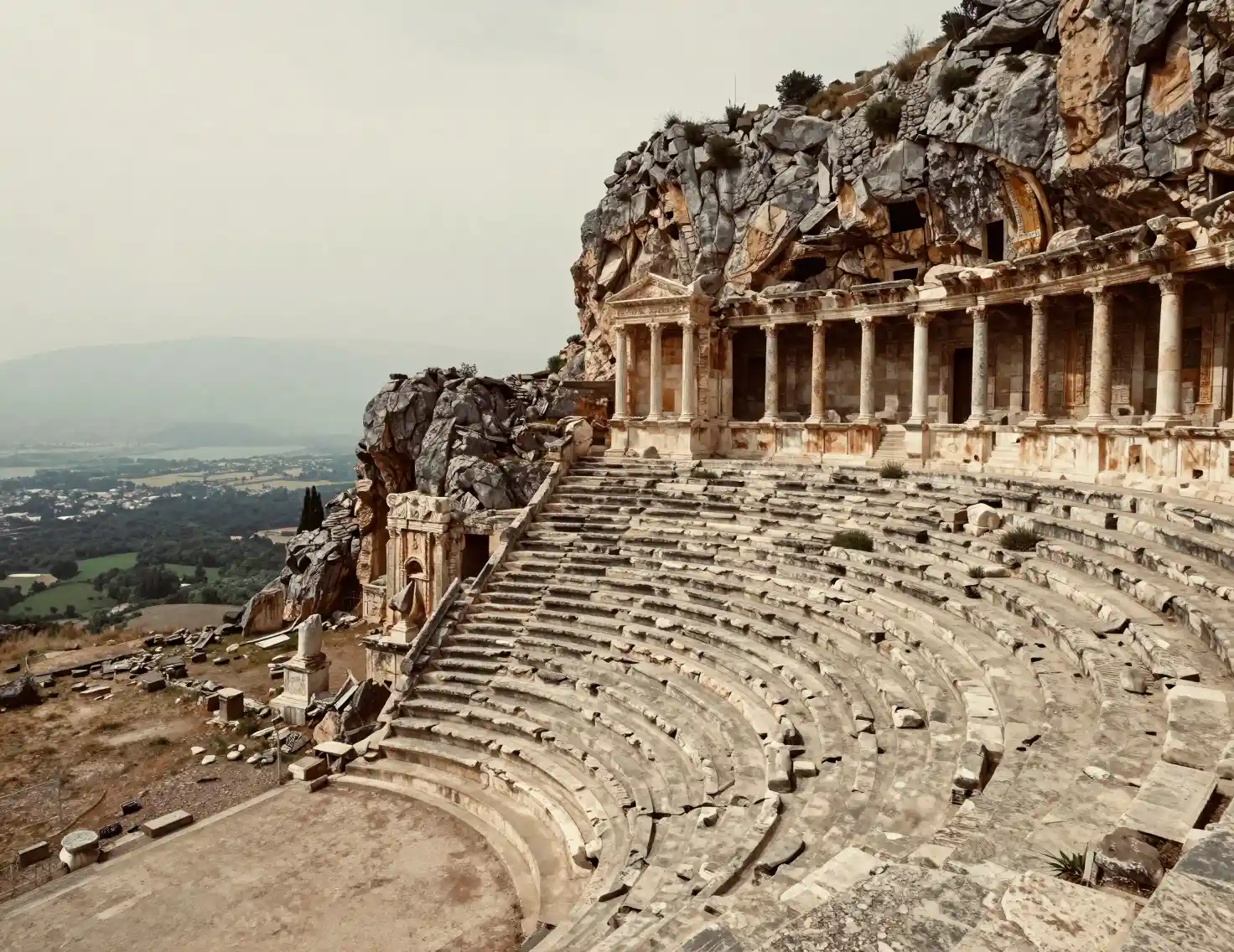 Ancient Cliffside Amphitheater Above A Misty Valley