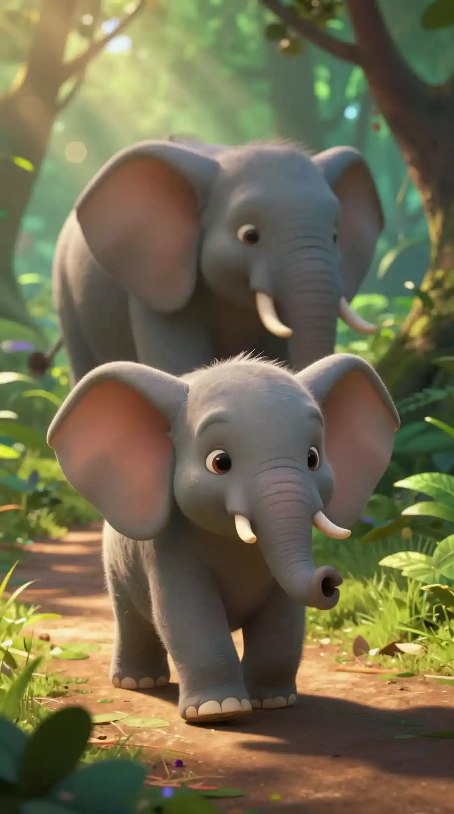 Cucciolo di elefante su un sentiero di foresta illuminato dal sole con la madre dietro