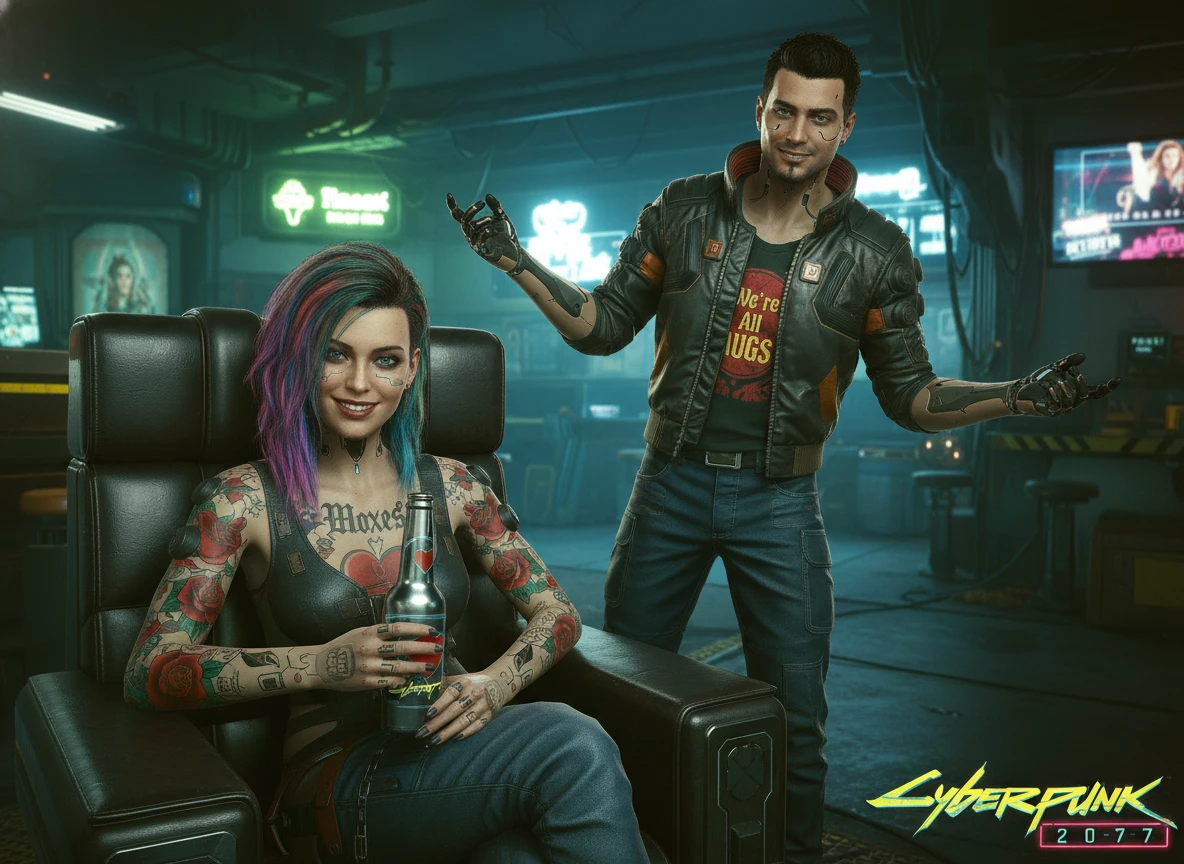 Cyberpunk-Frau entspannt in einer neonbeleuchteten futuristischen Lounge