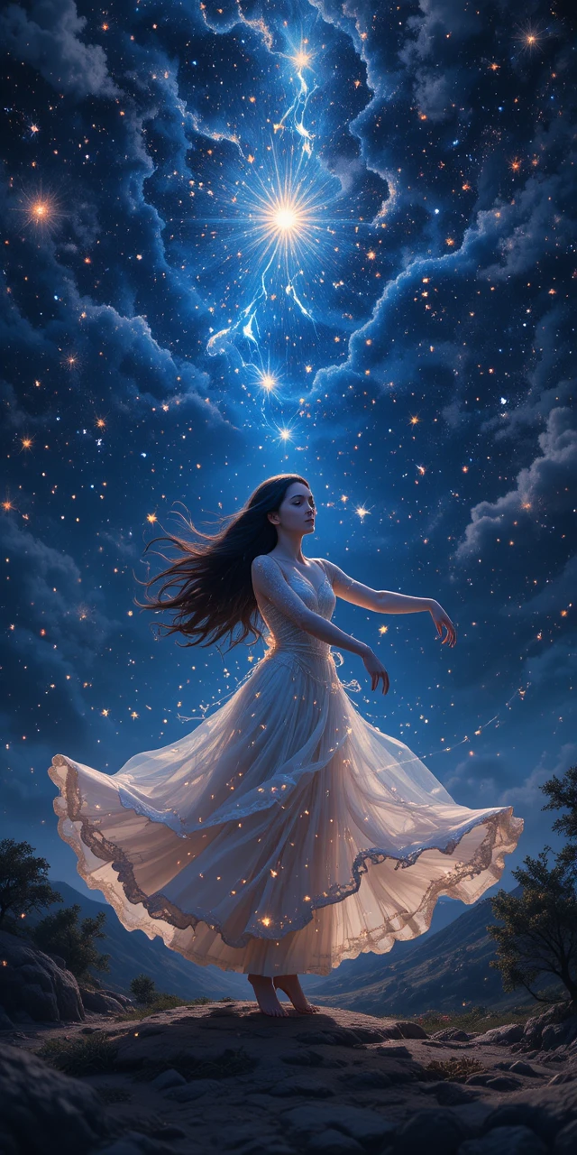 Femme dansant parmi les étoiles scintillantes dans le ciel nocturne