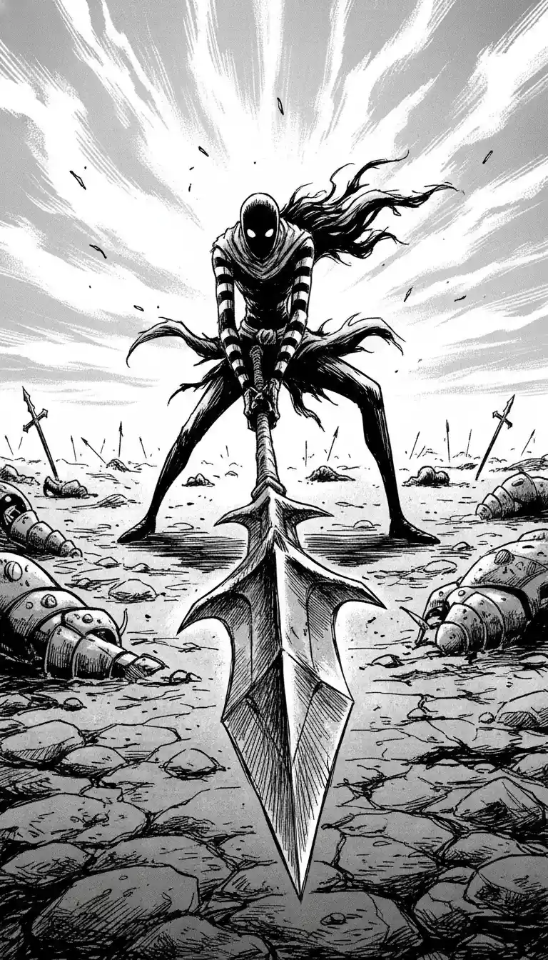 Lone stickman warrior charging across a ruined battlefield