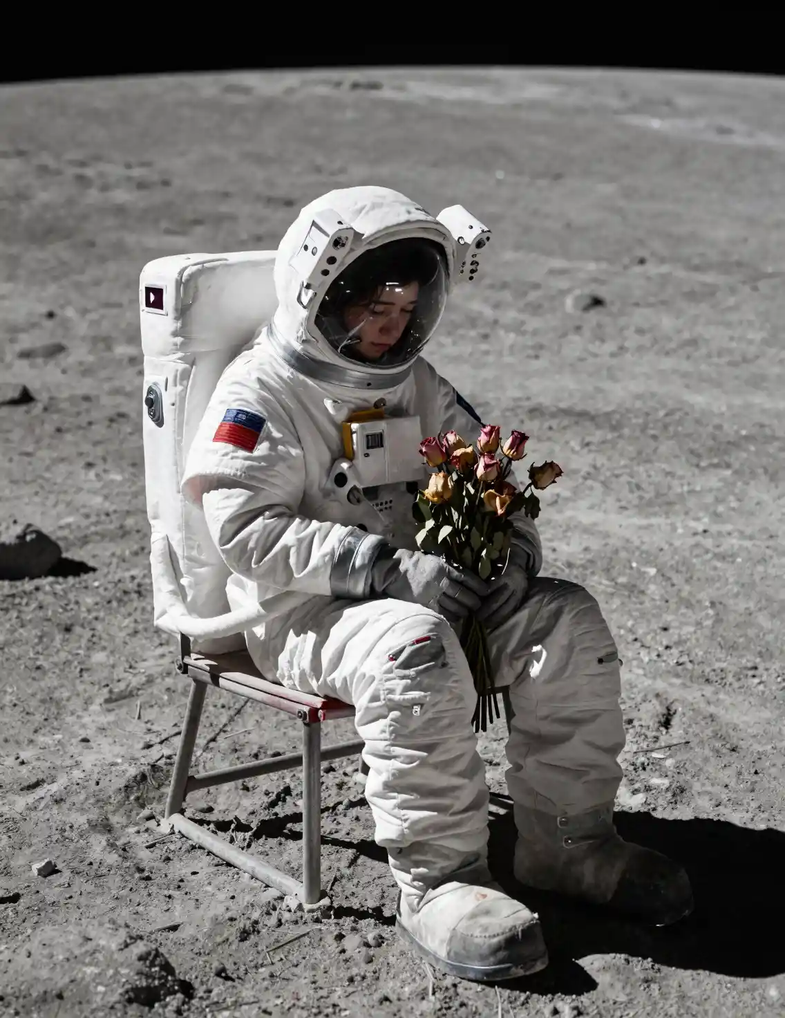 しおれたバラを携えた月面の憂うつな宇宙飛行士