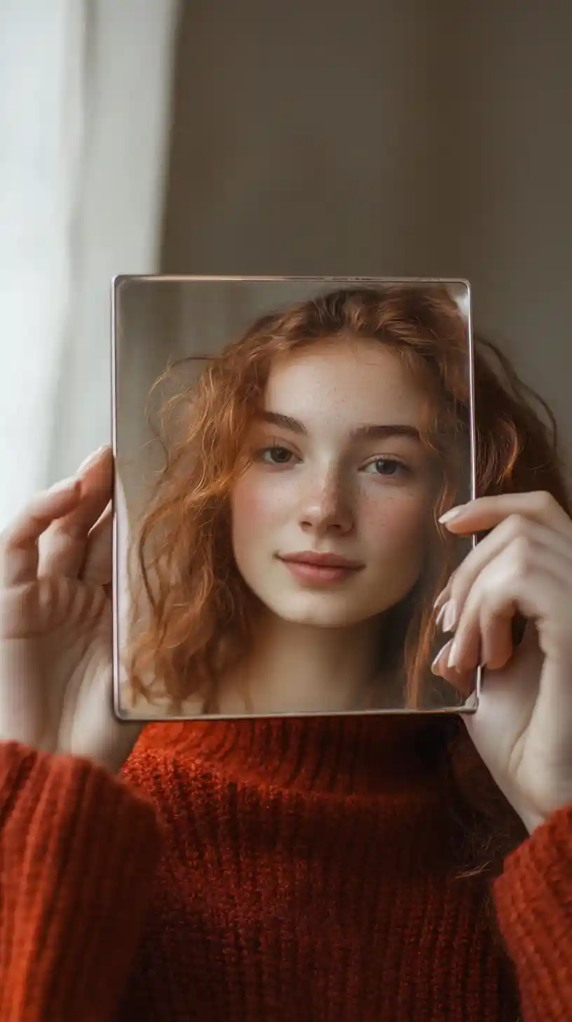 Donna sorridente dai capelli rossi riflessa in uno specchio portatile