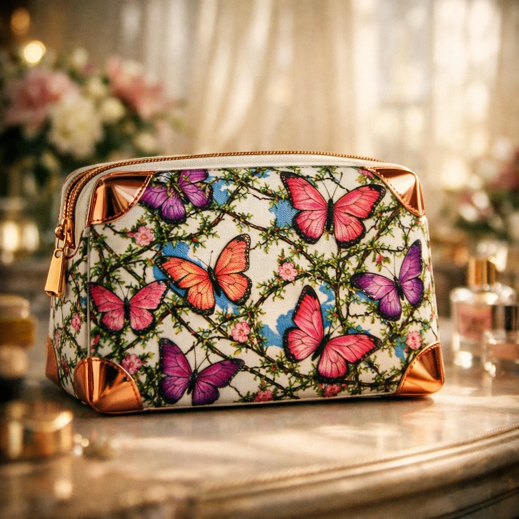 Necessaire de maquiagem com borboletas em uma penteadeira feminina e iluminada