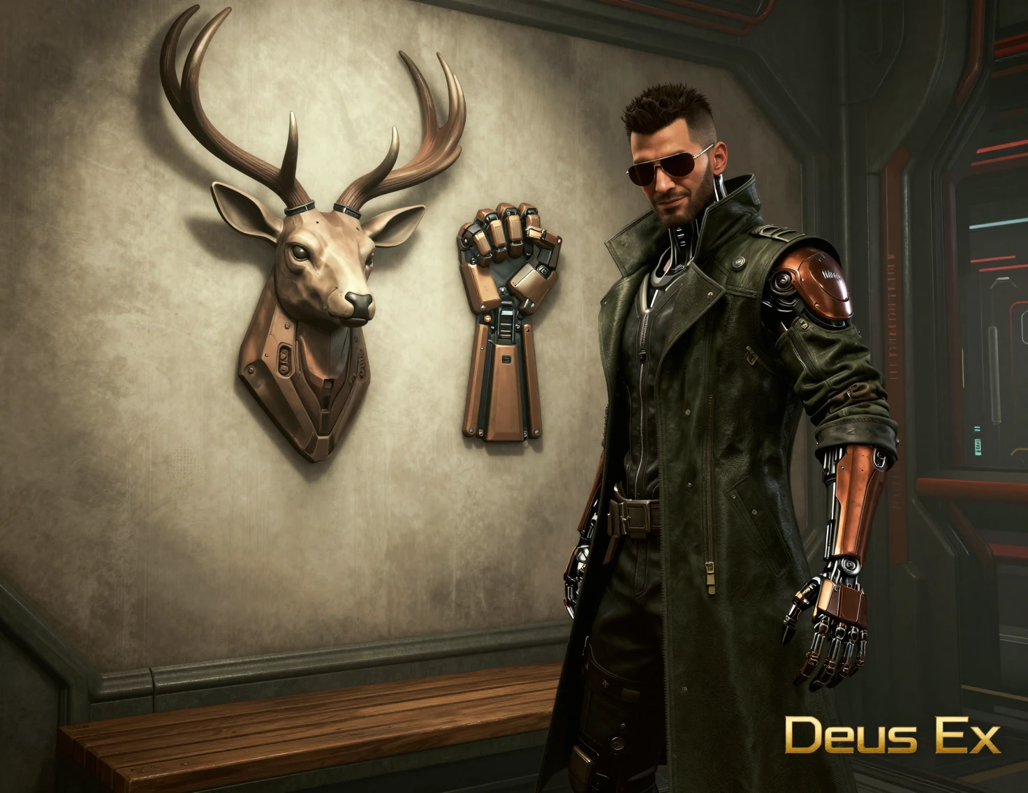 Detetive aumentado posando em um quarto cyberpunk futurista