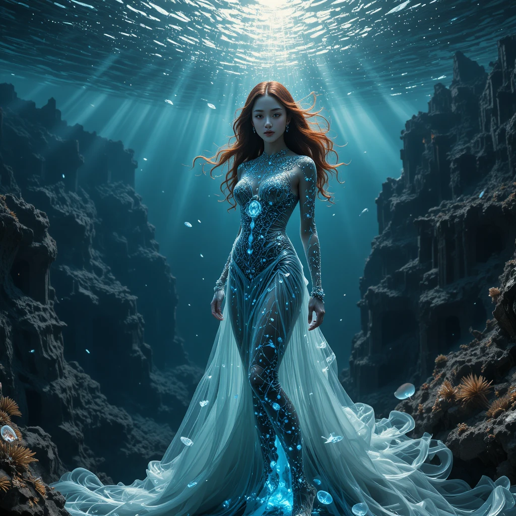 Mulher guardiã bioluminescente sobre uma cidade abissal submersa