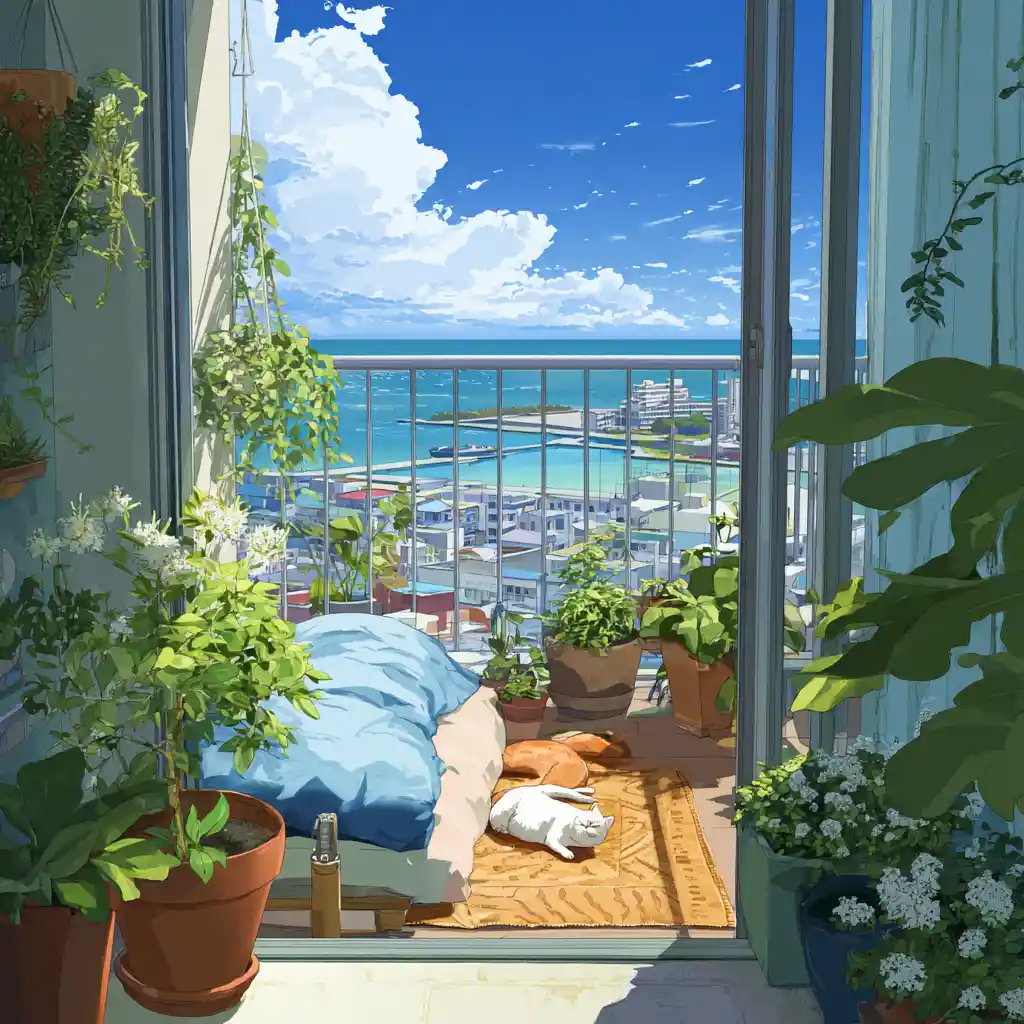 Quarto de anime de verão com varanda e garoto relaxado