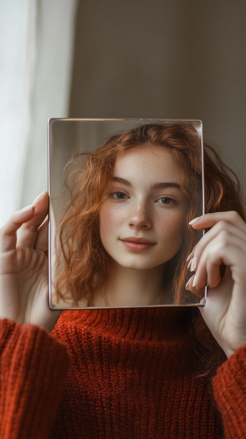Smiling redhead woman reflected in a handheld mirror