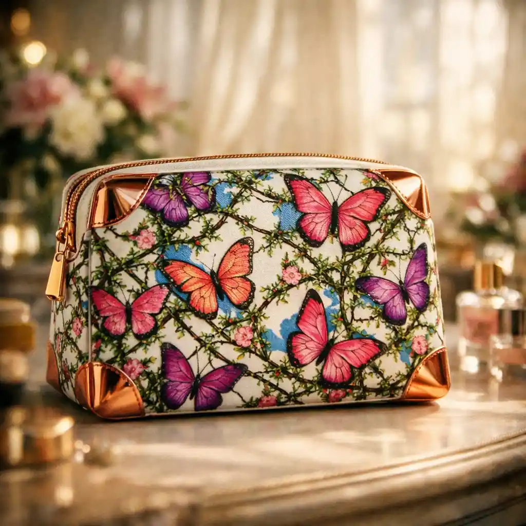 Necessaire de maquiagem com borboletas em uma penteadeira feminina e iluminada