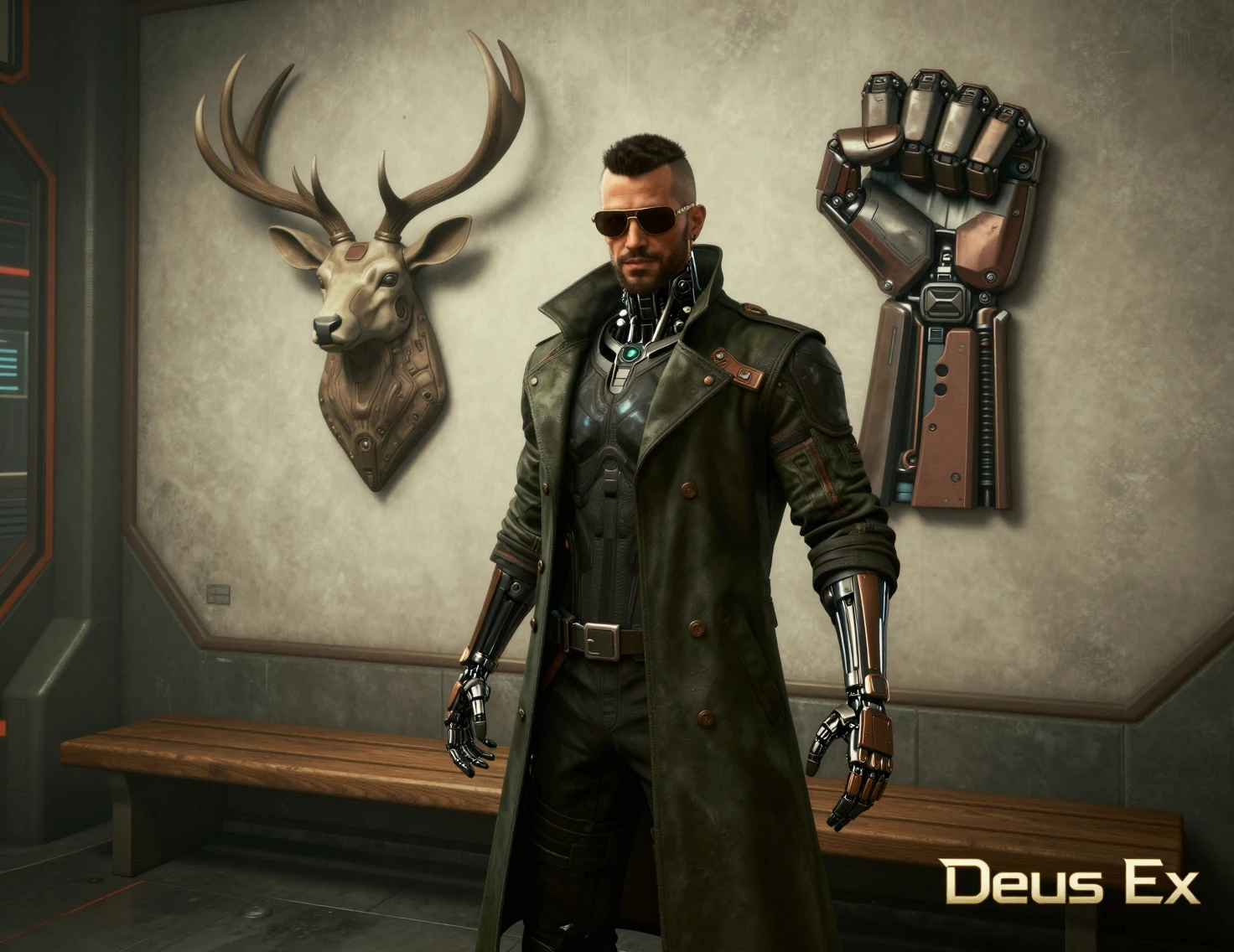 Detetive aumentado posando em uma sala futurista cyberpunk