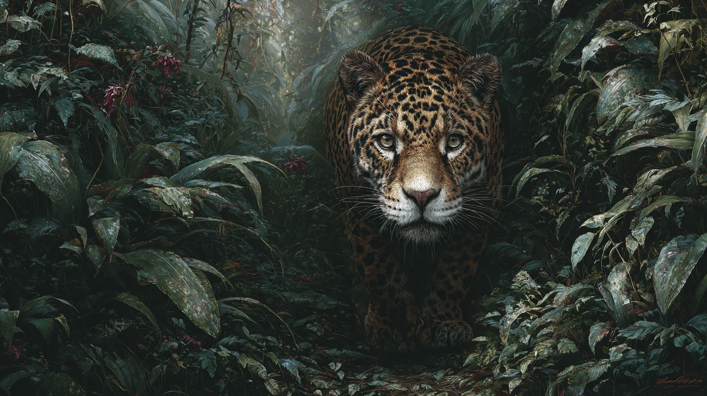 Onça-pintada à espreita em uma estreita trilha na selva amazônica