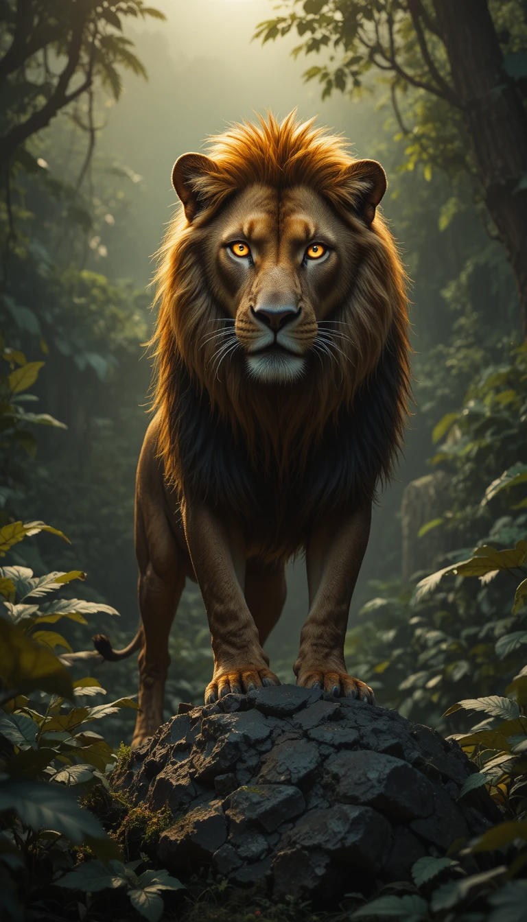 Majestic lion with glowing eyes on a rock in jungle