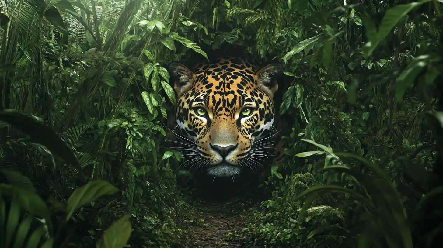 Jaguar prêt à frapper sur un sentier dans la jungle dense