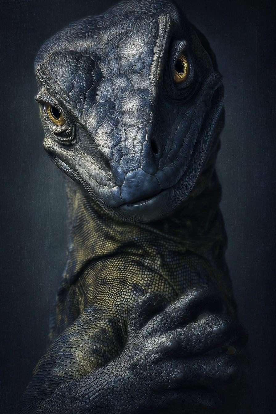 Dark fantasy portrait of a woman with glowing reptilian eyes