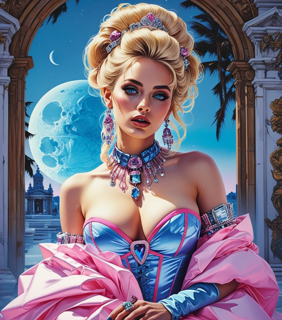 Dea rococò glamour in palazzo al neon in ritratto pin-up