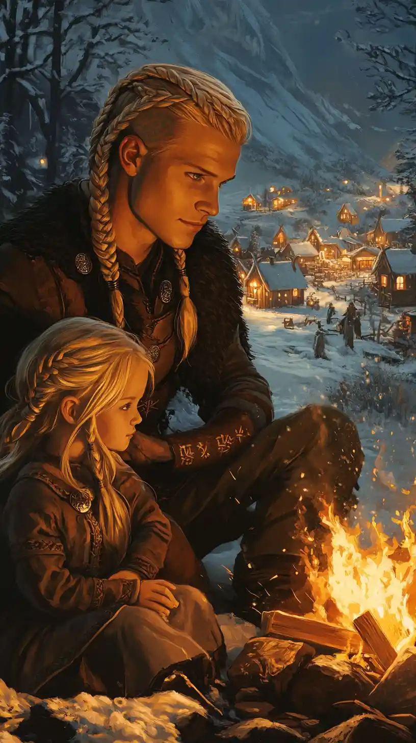 Viking man and child by campfire in winter village