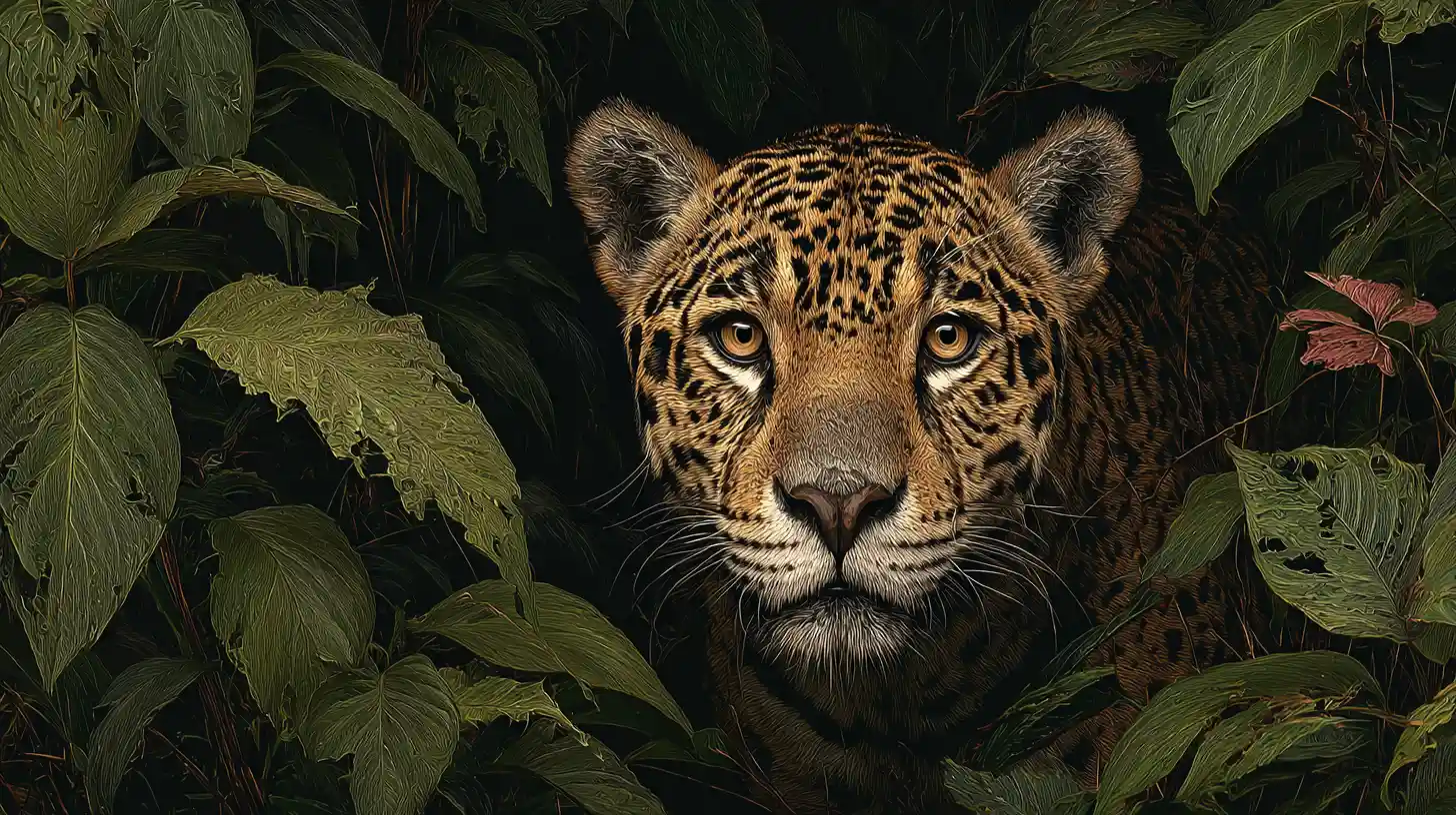 Onça-pintada observando uma trilha estreita no denso bosque amazônico