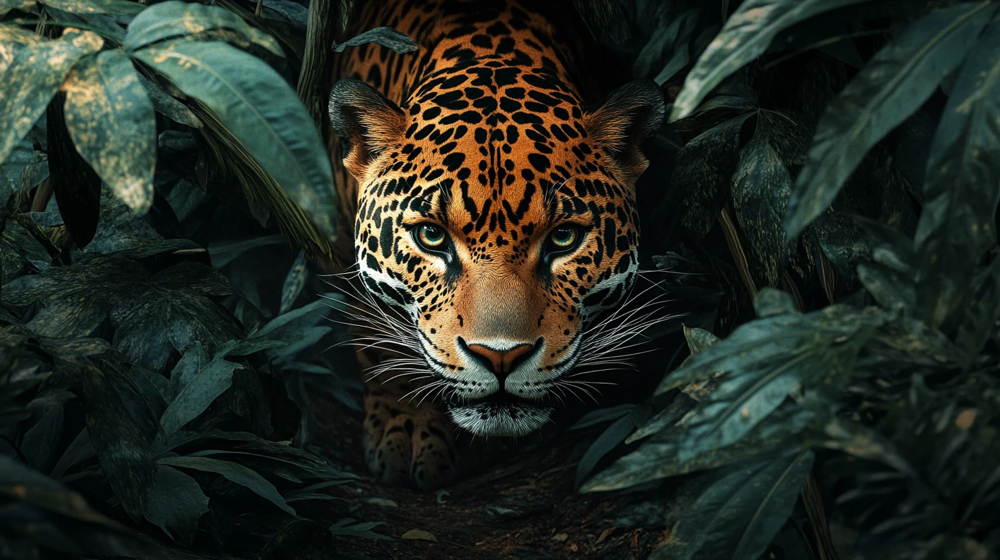 Jaguar hiding beside a narrow trail in dense jungle