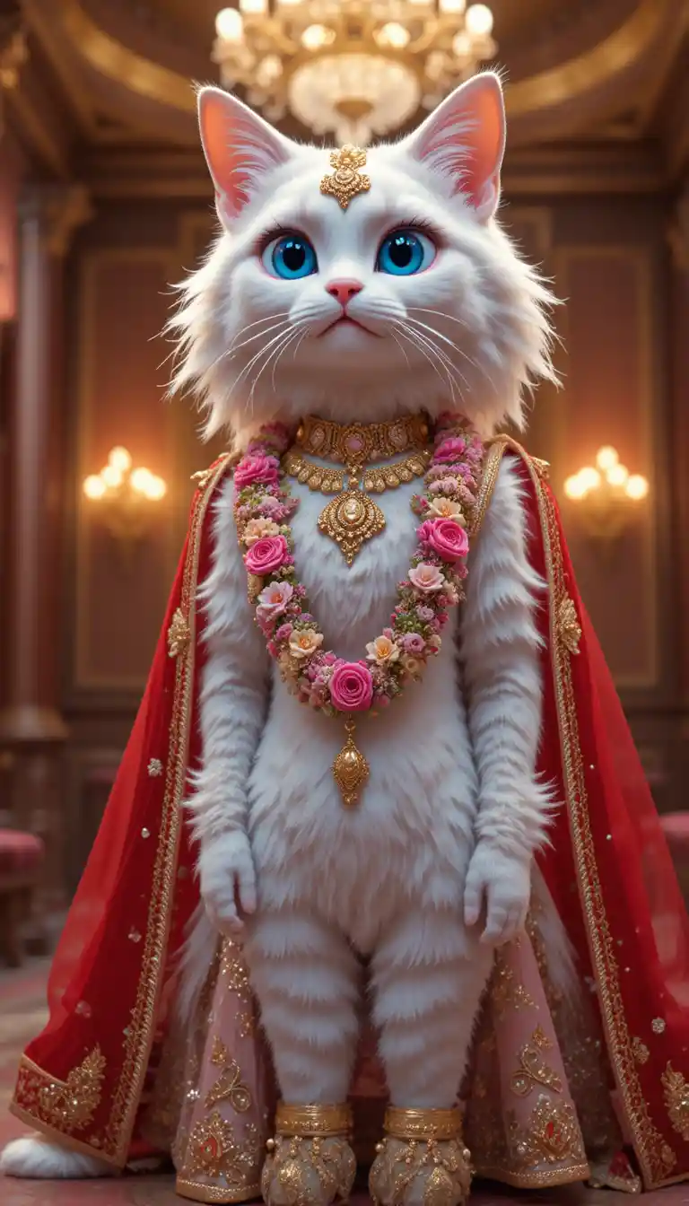 Personagem de gata noiva branca em um luxuoso salão de casamento