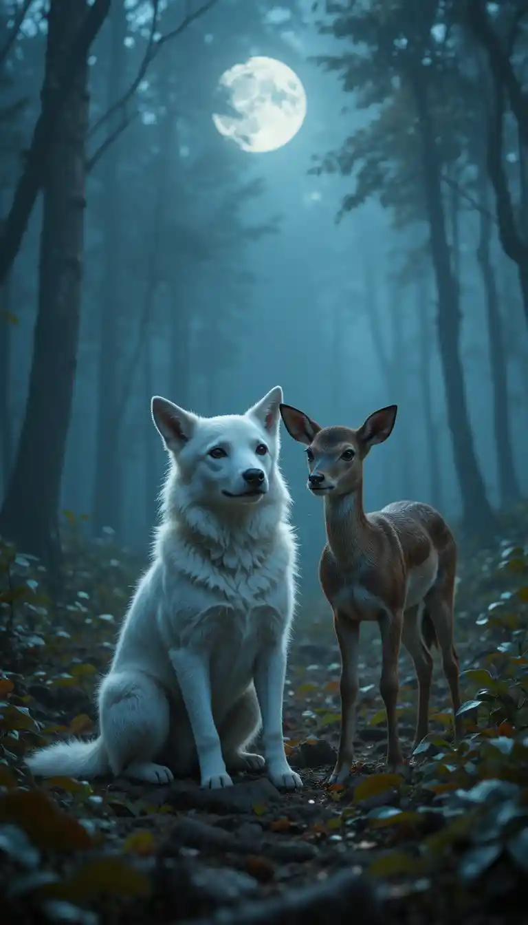 Pequeno cão branco guardando cervo ferido na selva ao luar
