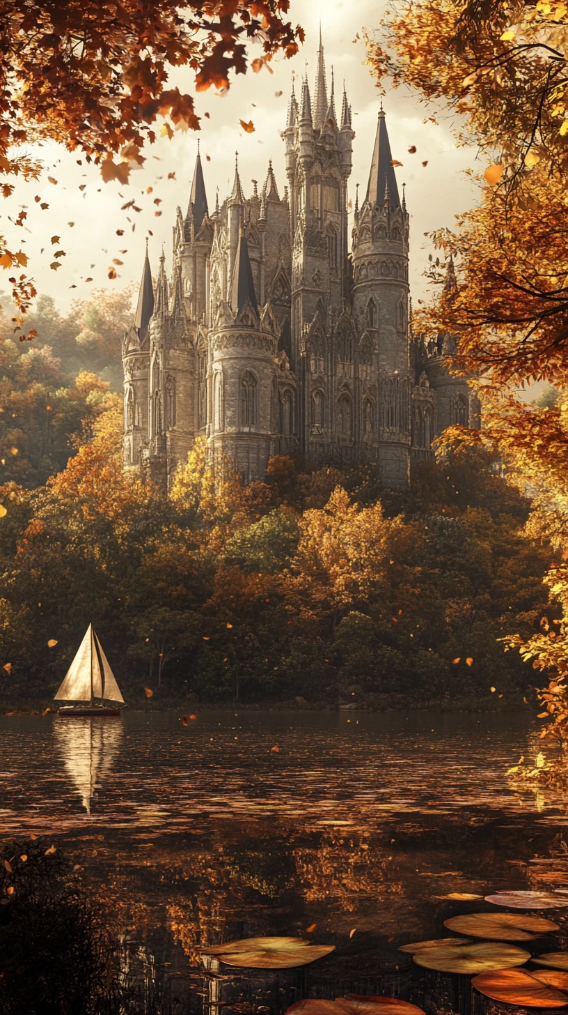 Castelo Encantado à Beira de Lago Outonal em Floresta Dourada