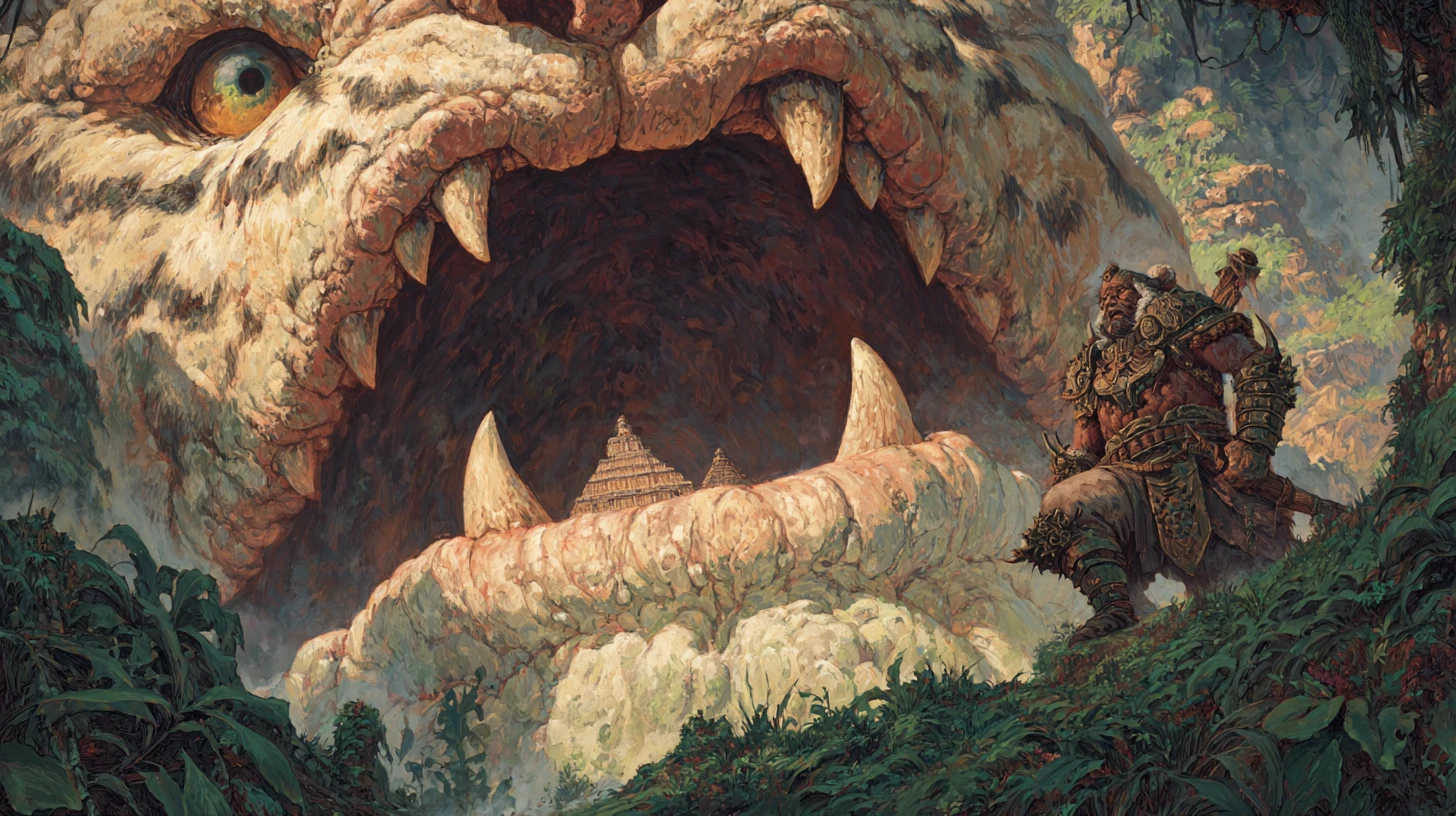 Riesiger monströser Mund rahmt eine barbarische Dschungelvision