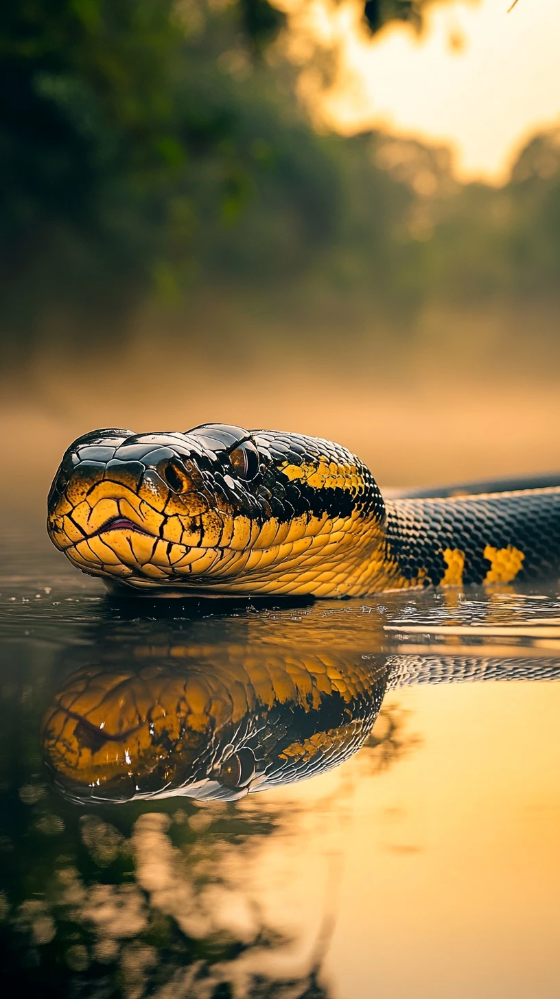Large anaconda gliding through a misty jungle river at dusk