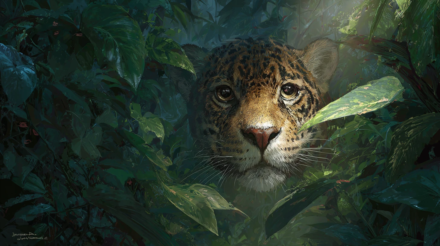 Onça-pintada espreitando por uma trilha estreita na selva densa