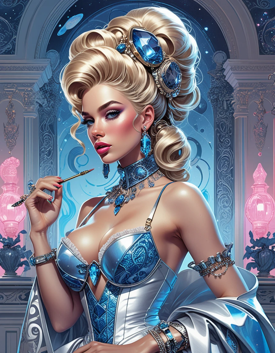 Glamorous fantasy courtesan in neon palace pinup portrait