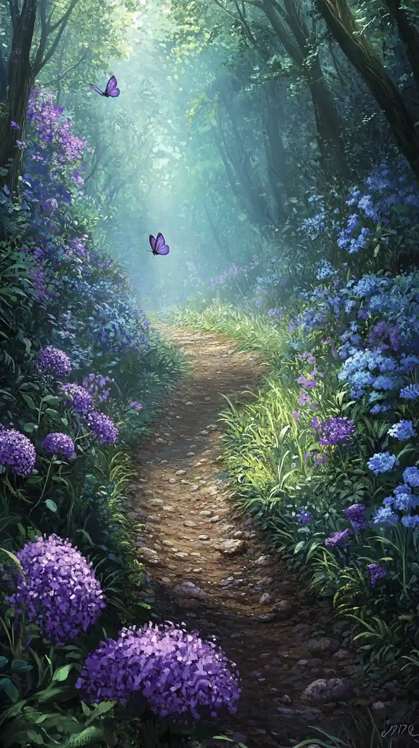 Sentier de forêt de conte de fées avec fleurs violettes et papillons