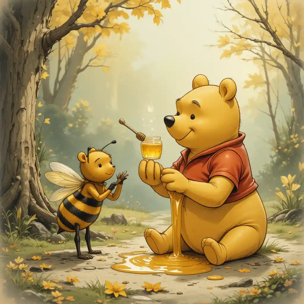 Grateful honey bee offering golden honey to a small bear