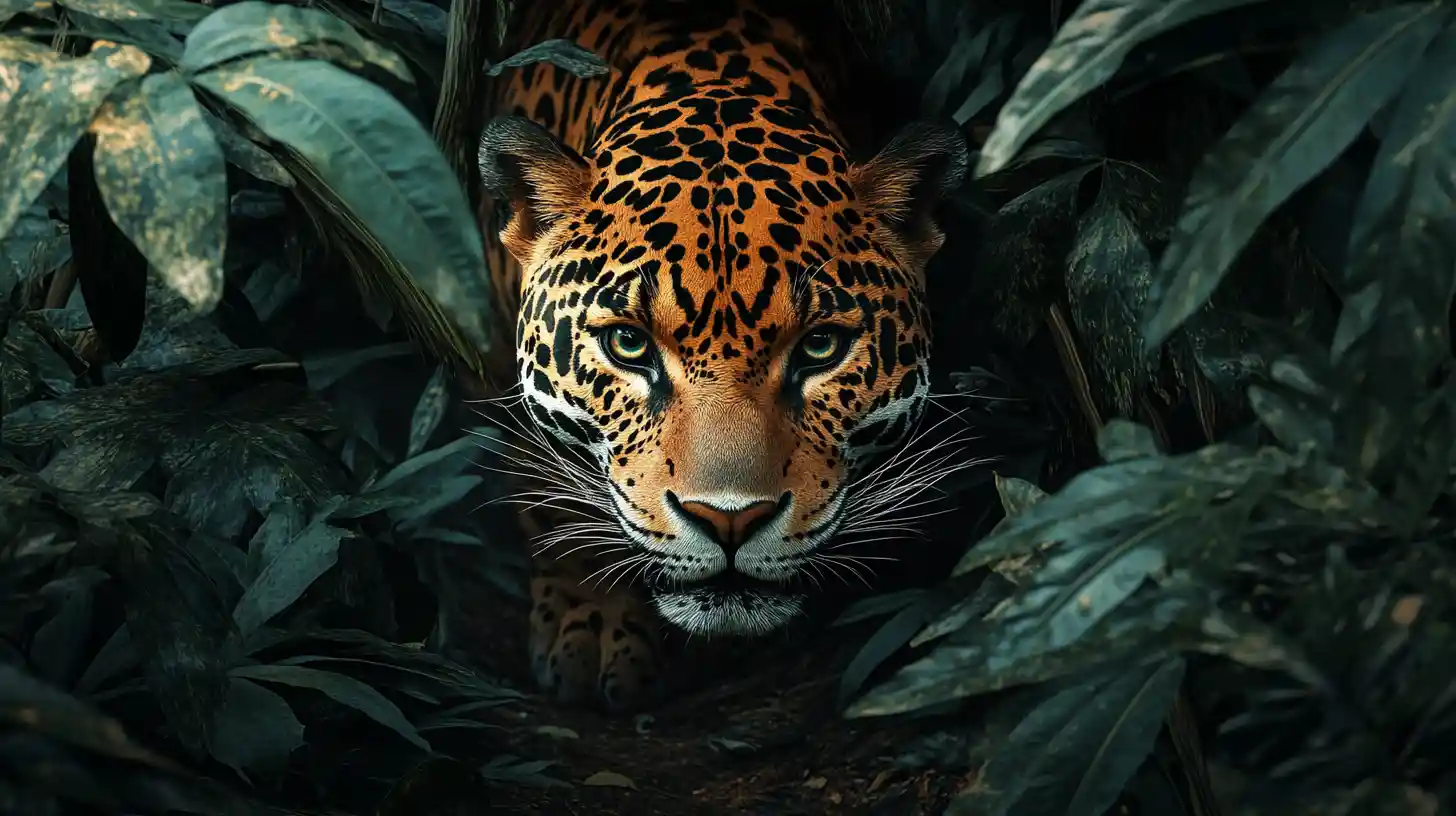 Onça-pintada escondida ao lado de uma trilha estreita na selva densa