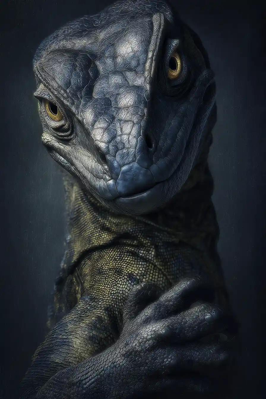 Dark fantasy portrait of a woman with glowing reptilian eyes